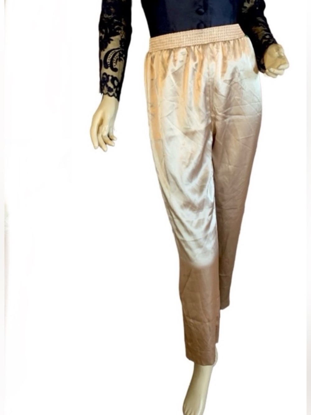 VINTAGE 1980'S FLAGG PETITES GOLD SATIN ELASTIC WAIST TROUSERS (12P)
